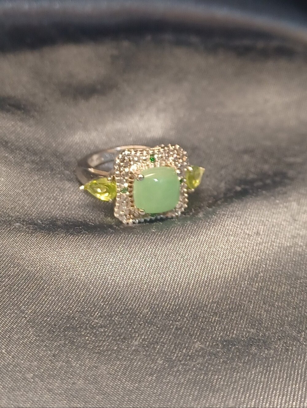 Silver Ring with Green Chalcedony and Peridot Accents